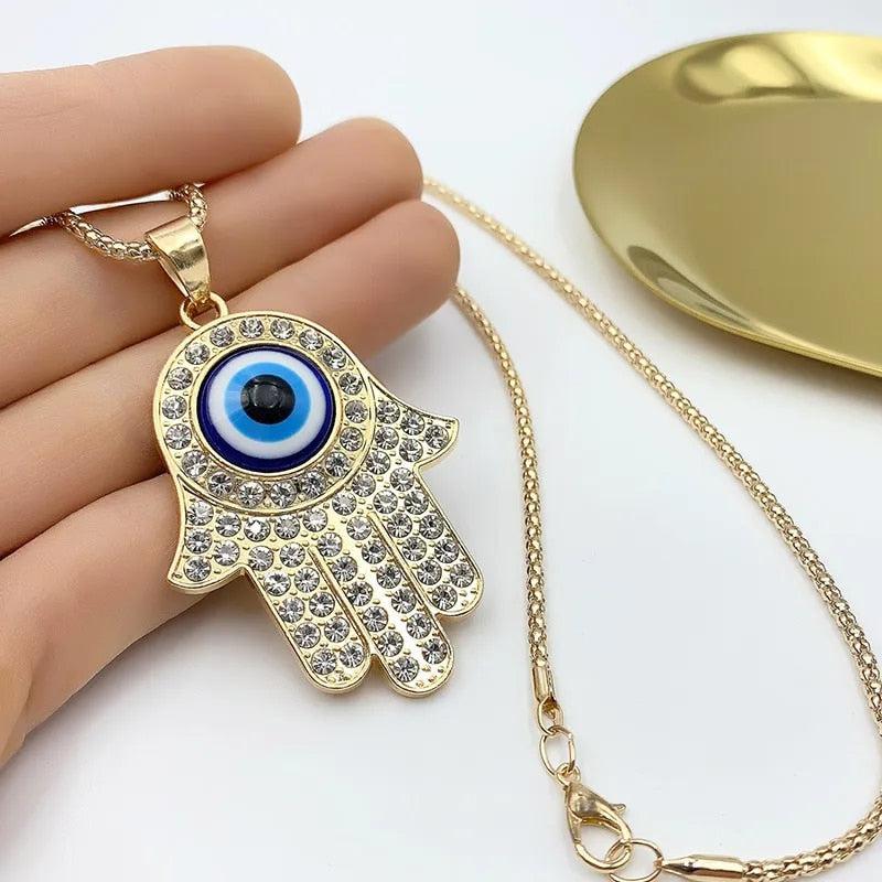 Buy Paved Hamsa Hand Evil Eye Necklace - White Online – The Glocal Trunk