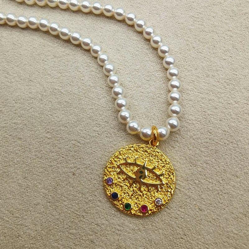 Evil Eye Pearl Necklace with Coloured Cubic Zirconia-Evil Eye Necklace-Auswara