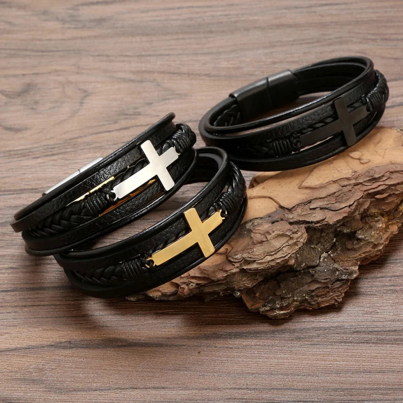 FaithLayer Custom Cross Leather Bracelet