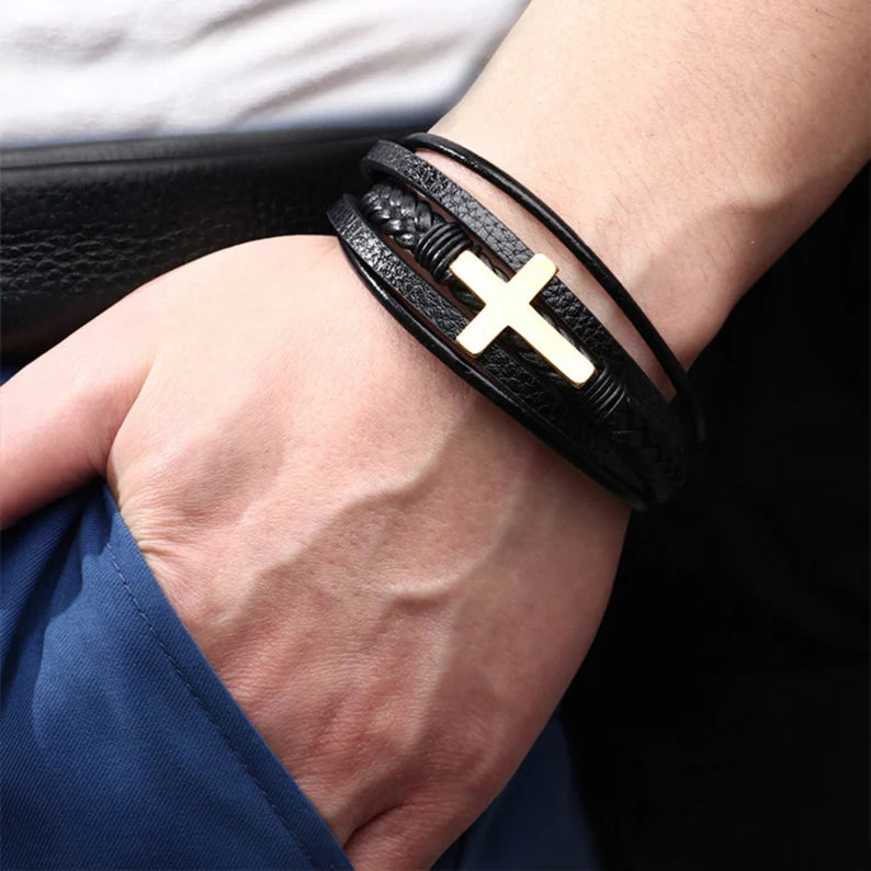 FaithLayer Custom Cross Leather Bracelet