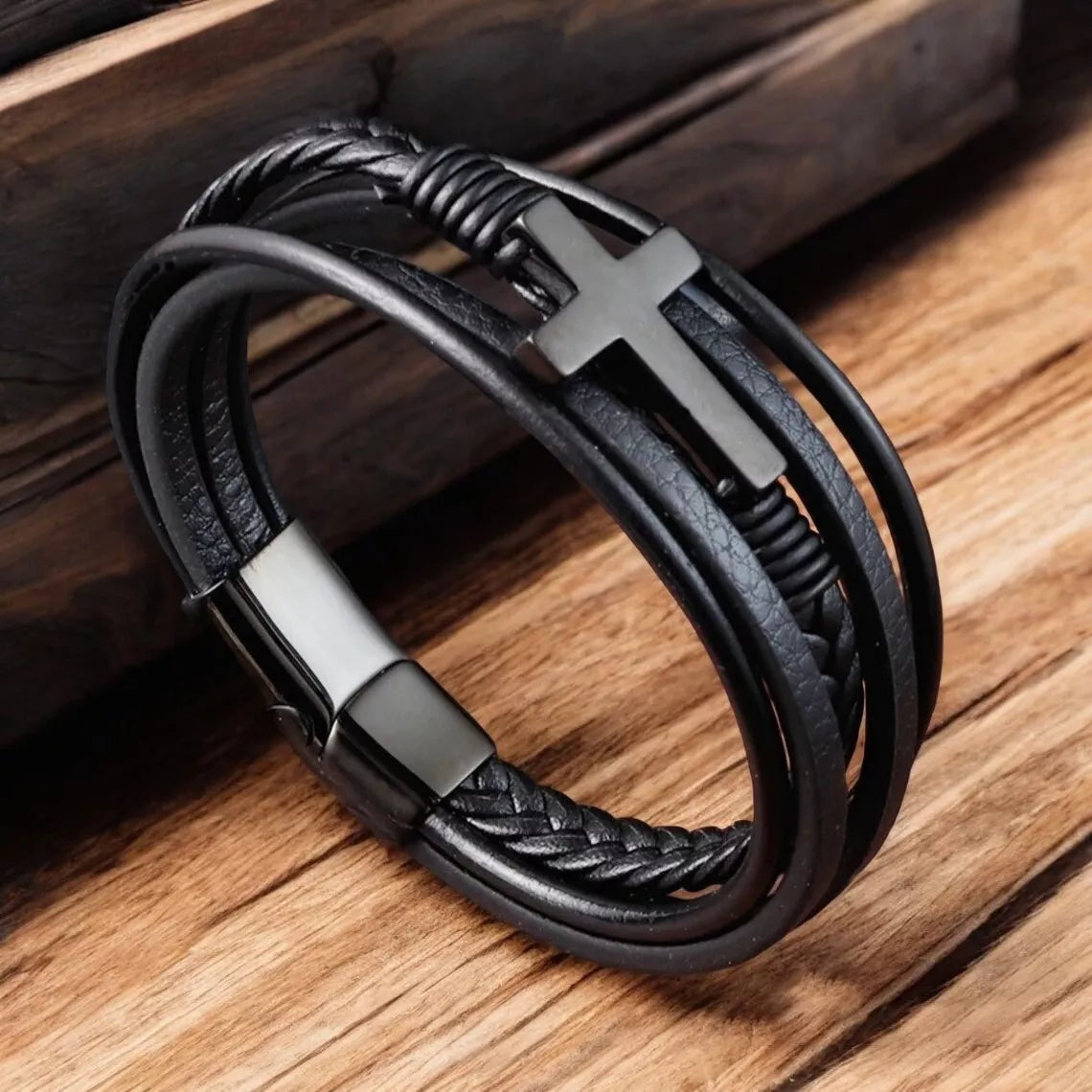 FaithLayer Custom Cross Leather Bracelet