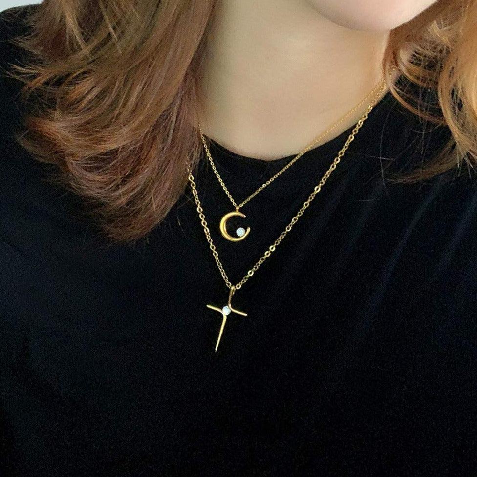 Gold Colour Cross Necklace with Cubic Zirconia-Cross Necklace-Auswara