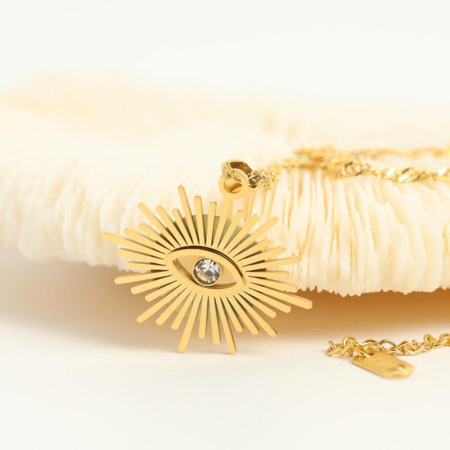 Gold Colour Evil Eye Pendant With Cubic Zirconia-Evil Eye Necklace-Auswara