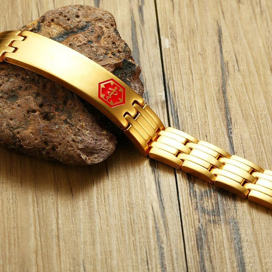 Gold Colour Stainless Steel Medical Alert ID Bracelet-Medical ID Bracelet-Auswara