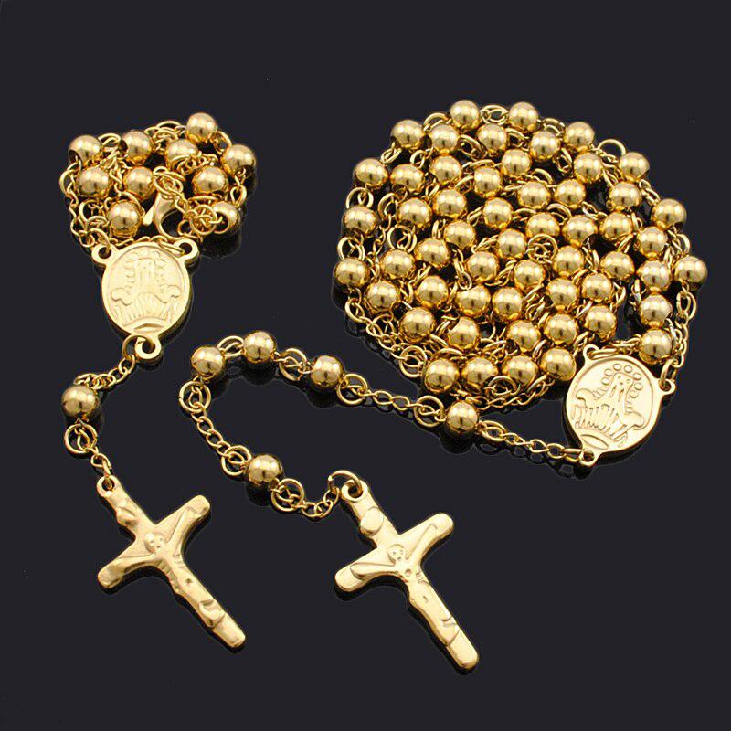 Gold Coloured Beads with Cross Pendant Necklace-Cross Necklace-Auswara