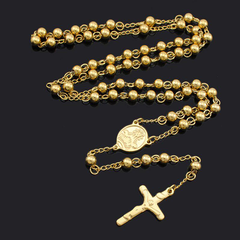Gold Coloured Beads with Cross Pendant Necklace-Cross Necklace-Auswara
