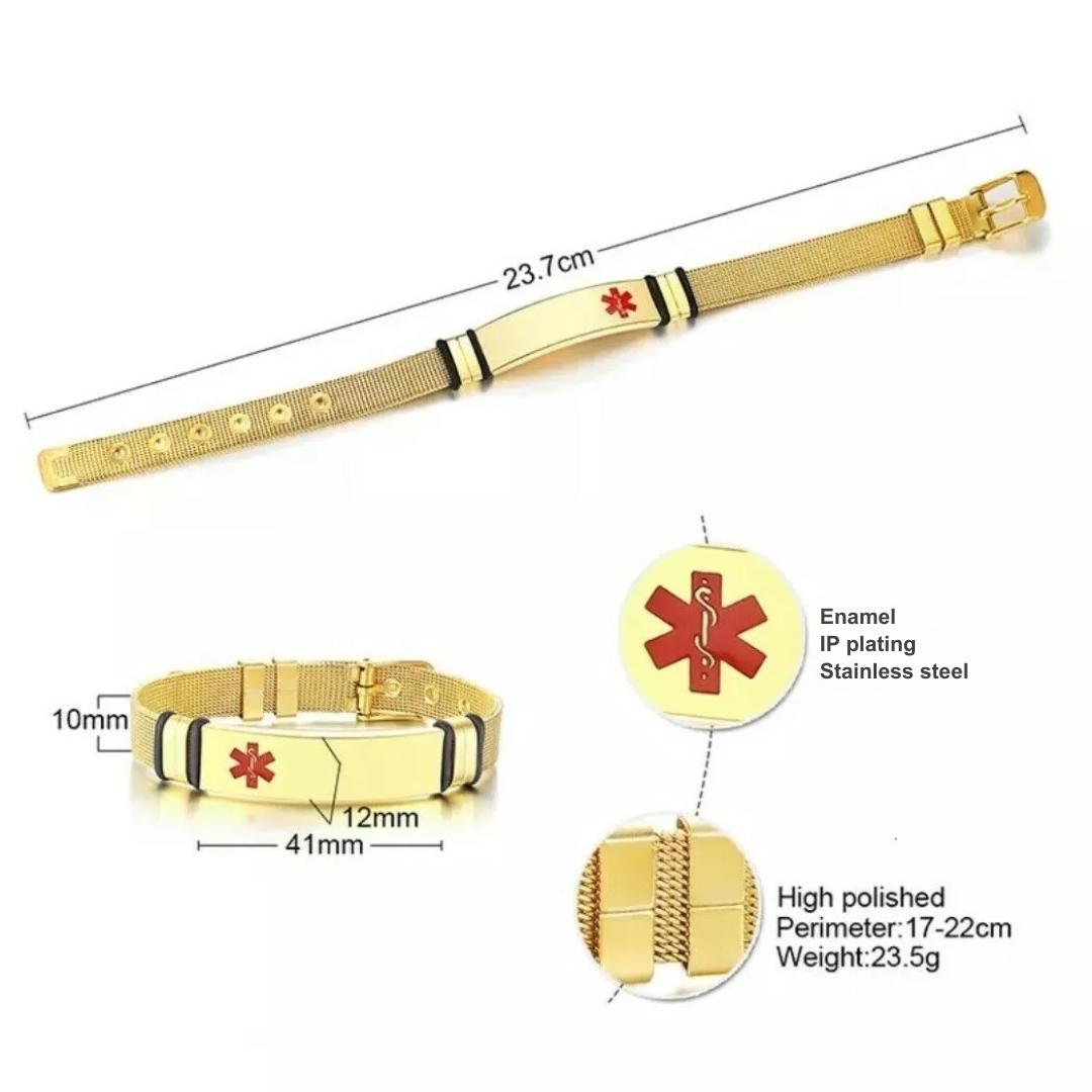 Gold Mesh Medical ID Bracelet – Adjustable & Sleek