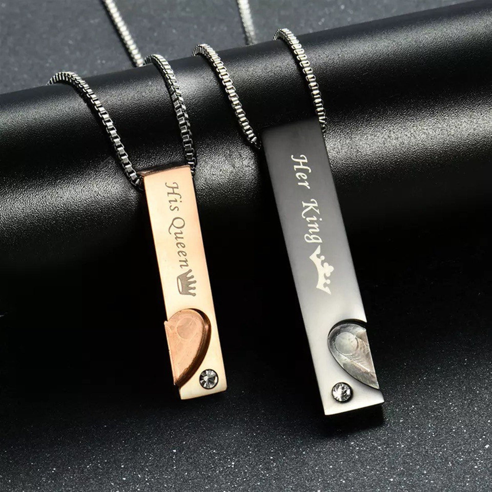 Her King & His Queen Couples Necklace in Black and Rose Gold Pendants-Couples Necklace-Auswara