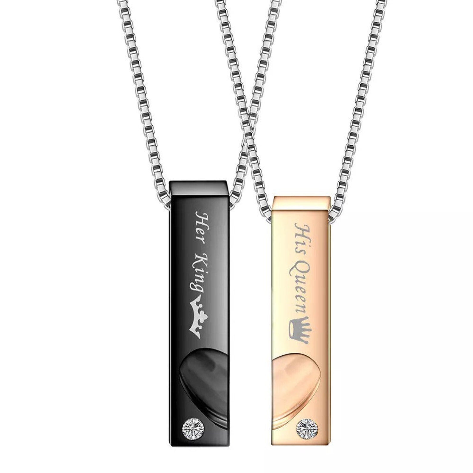Her King & His Queen Couples Necklace in Black and Rose Gold Pendants-Couples Necklace-Auswara
