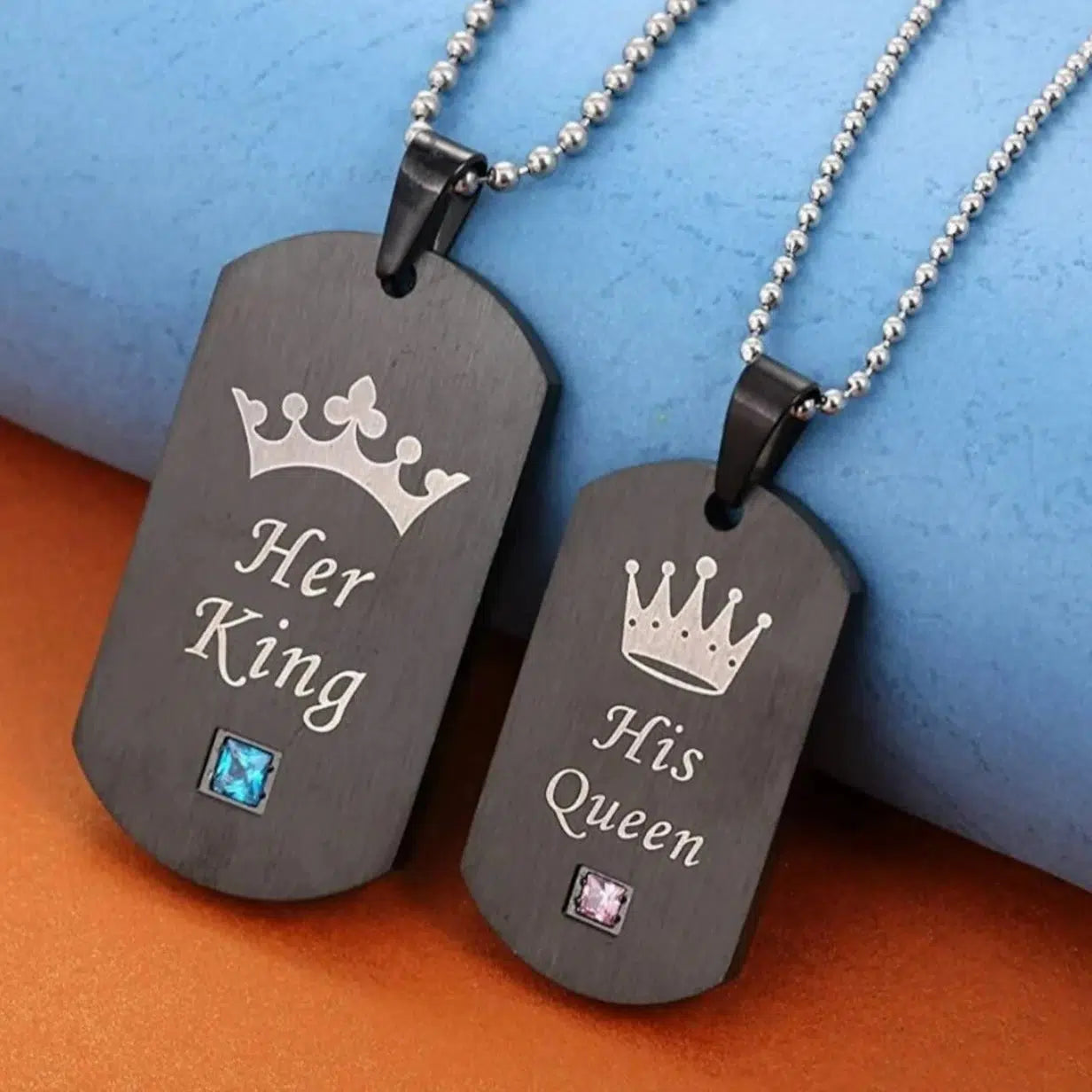 Her King & His Queen Couples Necklace with Cubic Zirconia-Couples Necklace-Auswara