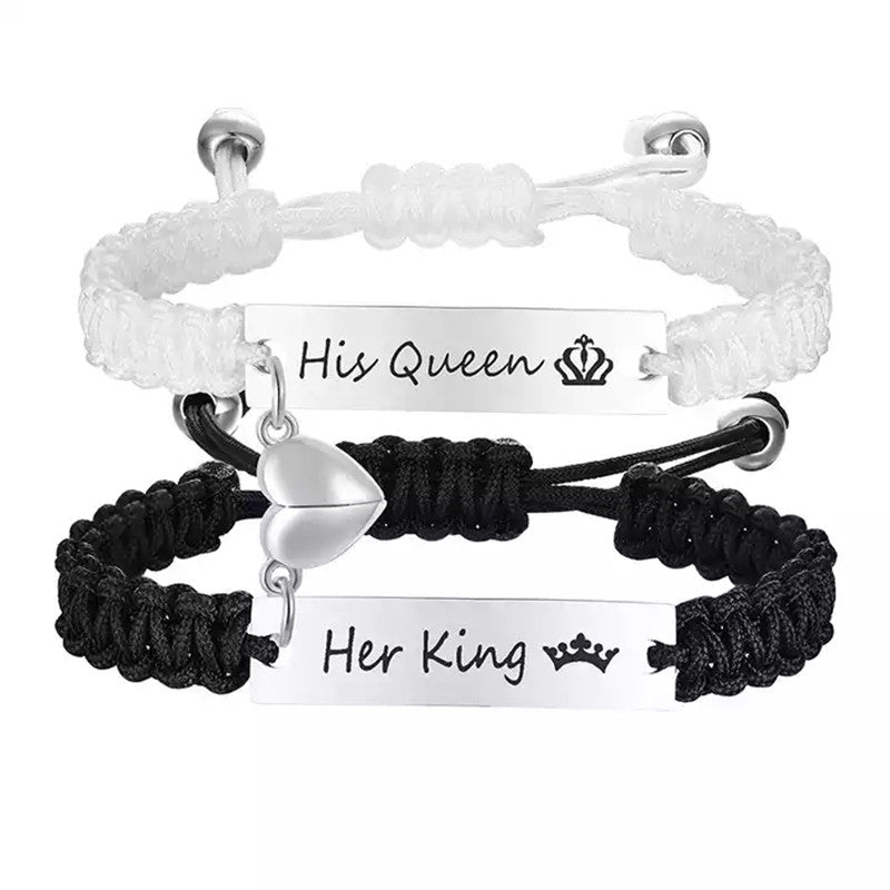 His Queen and Her King Rope Bracelets with Magnetic Hearts-Couple Bracelet-Auswara