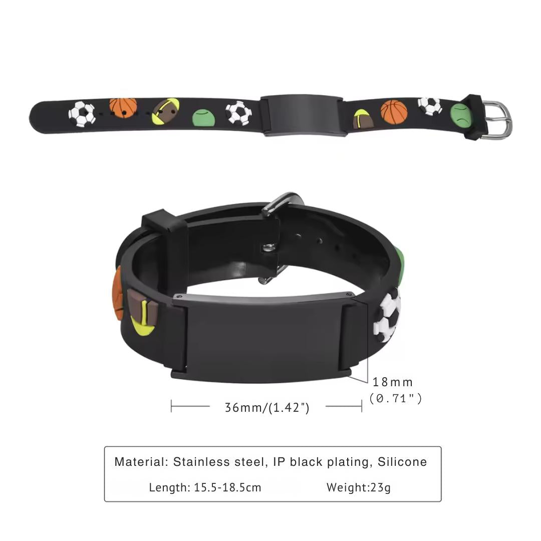 Kids Sports Theme Medical ID Bracelet – Black Silicone-Kids Medical Alert Bracelet-Auswara