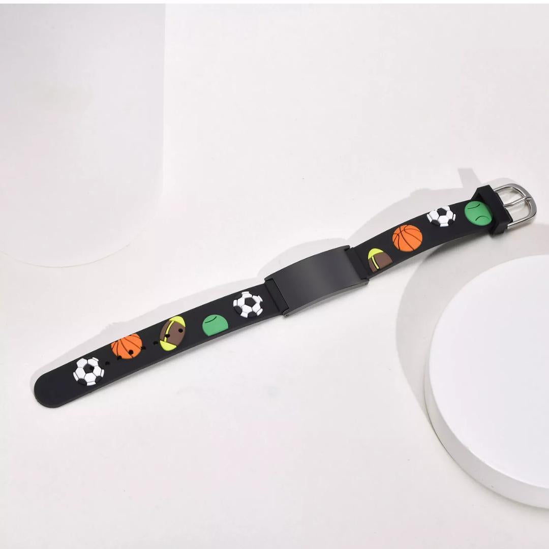 Kids Sports Theme Medical ID Bracelet – Black Silicone-Kids Medical Alert Bracelet-Auswara