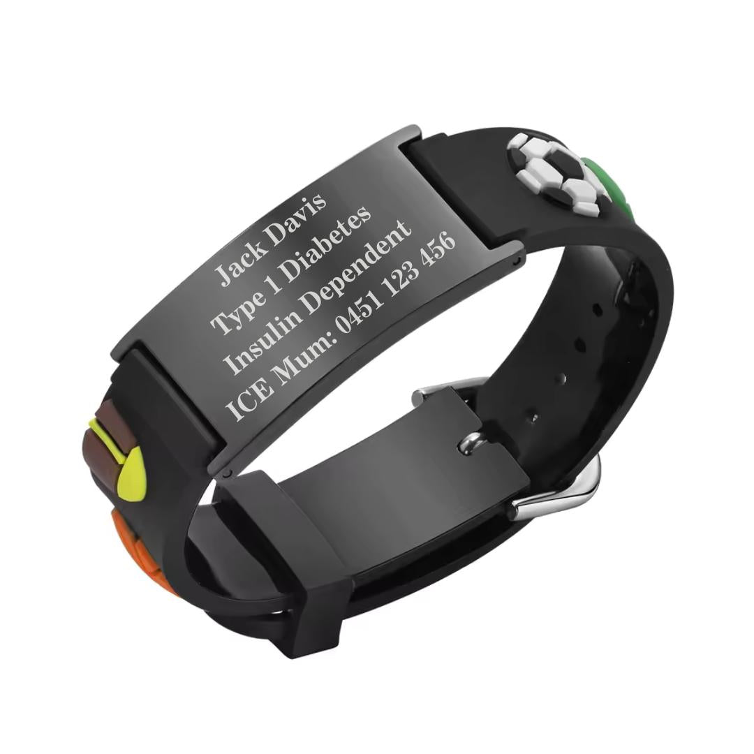 Kids Sports Theme Medical ID Bracelet – Black Silicone-Kids Medical Alert Bracelet-Auswara