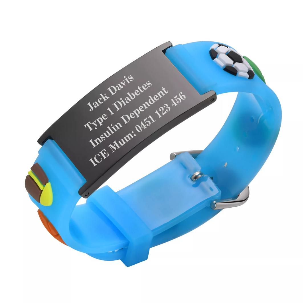 Kids Sports Theme Medical ID Bracelet – Blue Silicone-Kids Medical Alert Bracelet-Auswara