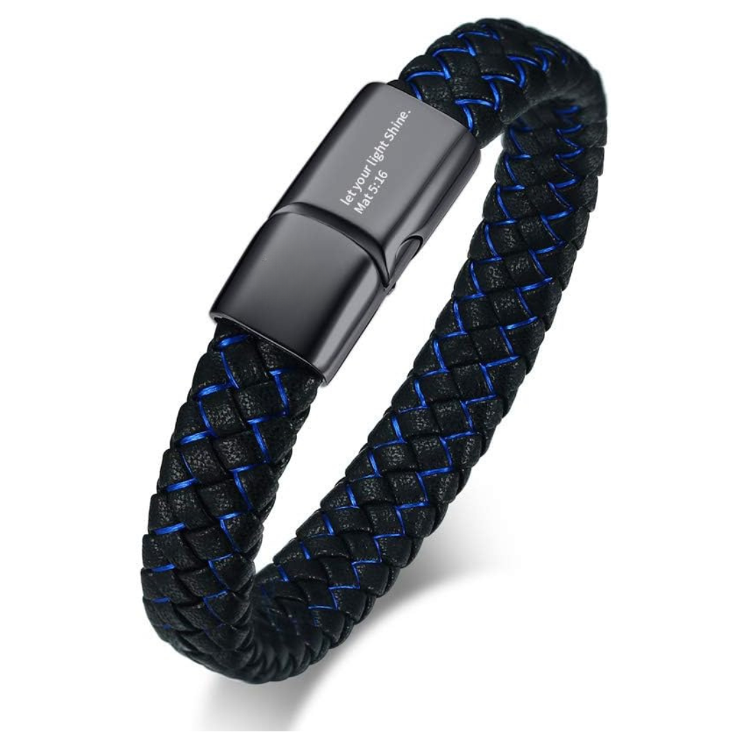 Engravable Braided Leather Bracelet with Black Bar (template clasp no symbols)-Personalised Bracelet-Auswara