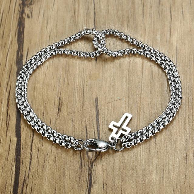 Layered Silver Colour Chain Bracelet with Cross Charm-Cross Bracelet-Auswara