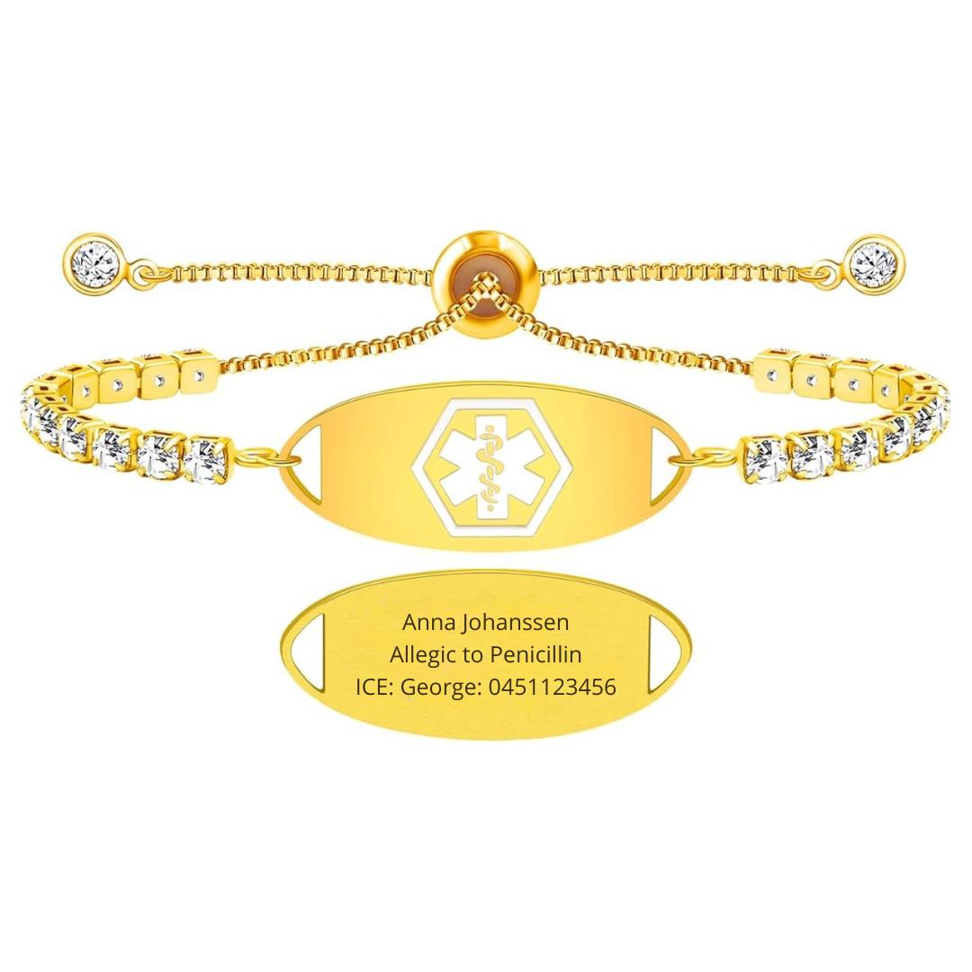 MedLux Aura – Gold Colour with Cubic Zirconia-Medical ID Bracelet-Auswara