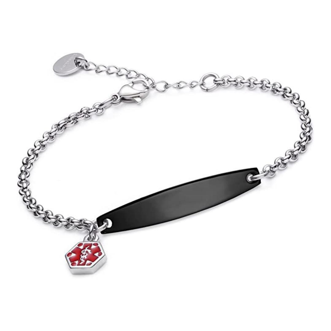 Medical Alert Bracelet with Black Bar and Silver Chain-Medical ID Bracelet-Auswara