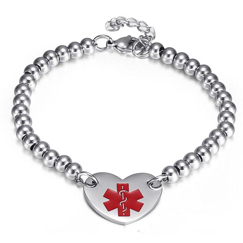 Medical Alert ID Bead Bracelet with Heart Charm-Medical ID Bracelet-Auswara