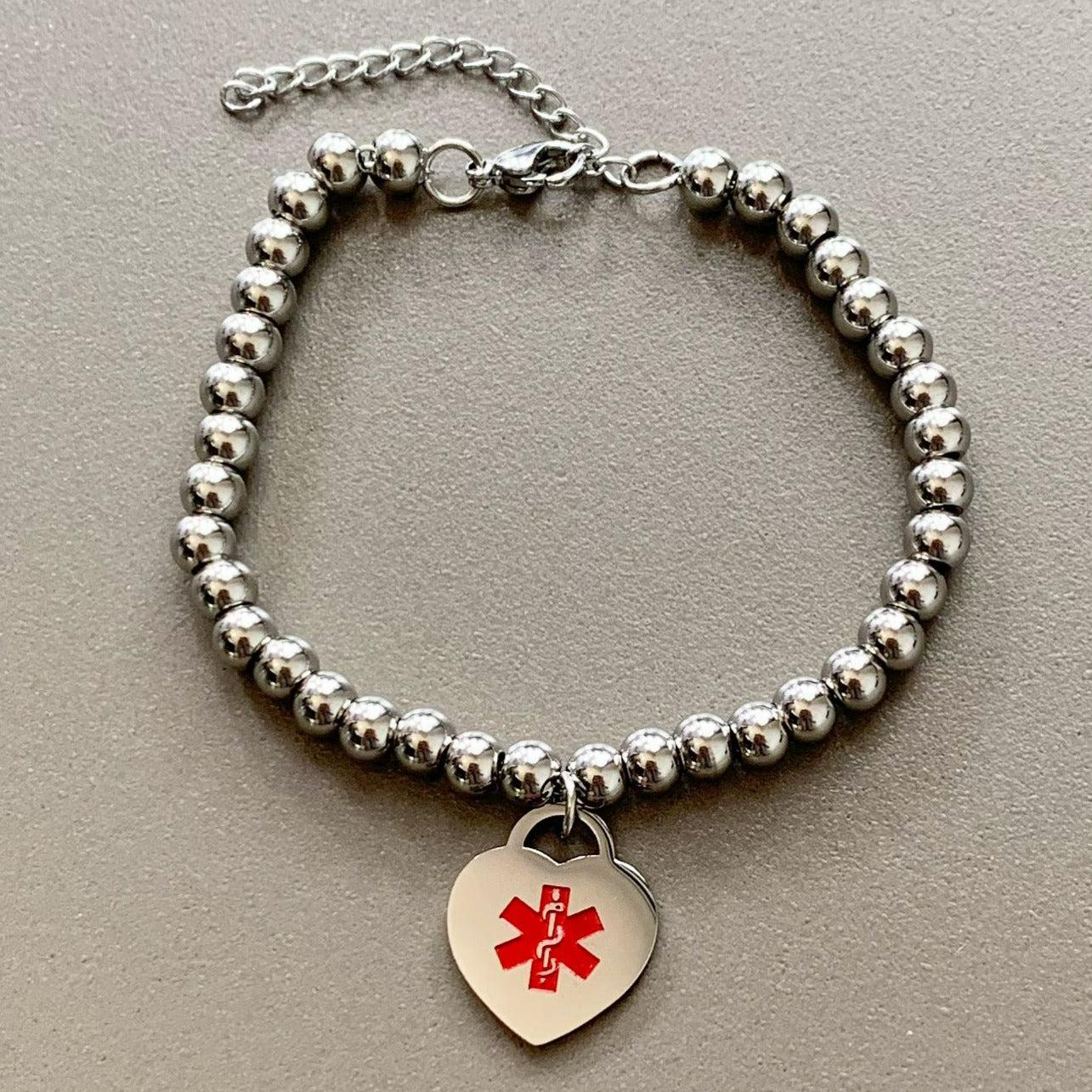 Medical Alert ID Bead Bracelet with Mini Heart Charm-Medical ID Bracelet-Auswara
