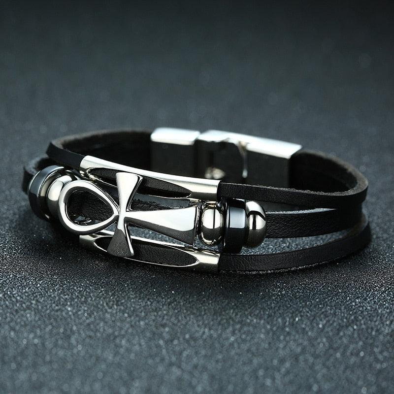 Men s Black Leather Faith Cross Bracelet Auswara