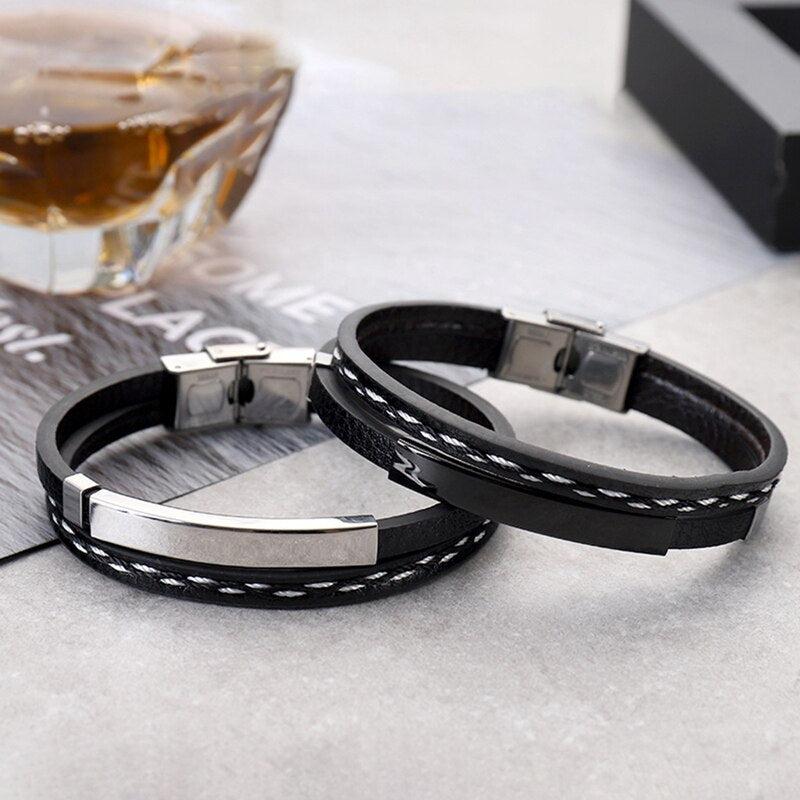 Men's Engravable Leather Bracelet-Personalised Bracelet-Auswara