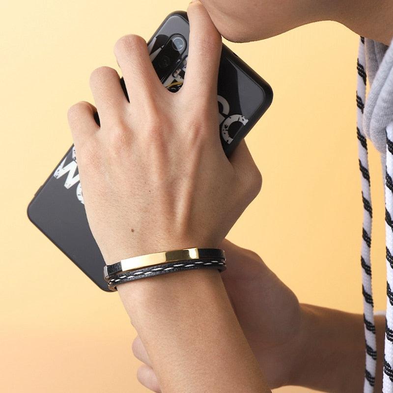 Men's Engravable Stacked Leather Bracelet-Personalised Bracelet-Auswara