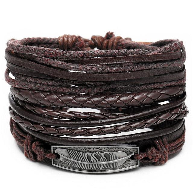 Multilayer Brown Leather Braided Bracelet-Set Bracelet-Auswara