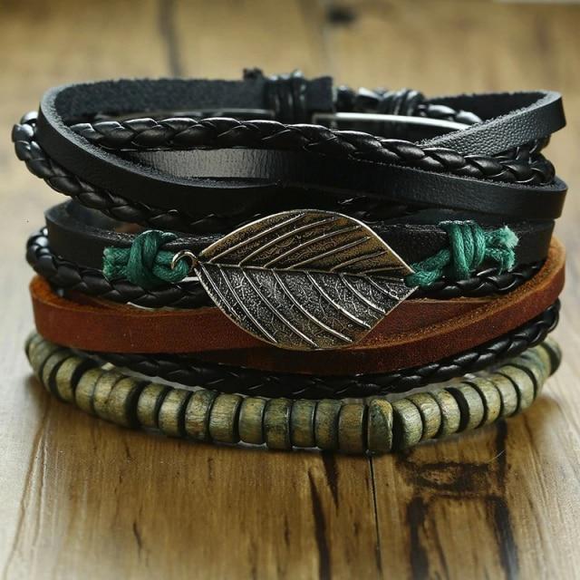 Multilayer Dark Leather Braided Bracelet-Set Bracelet-Auswara