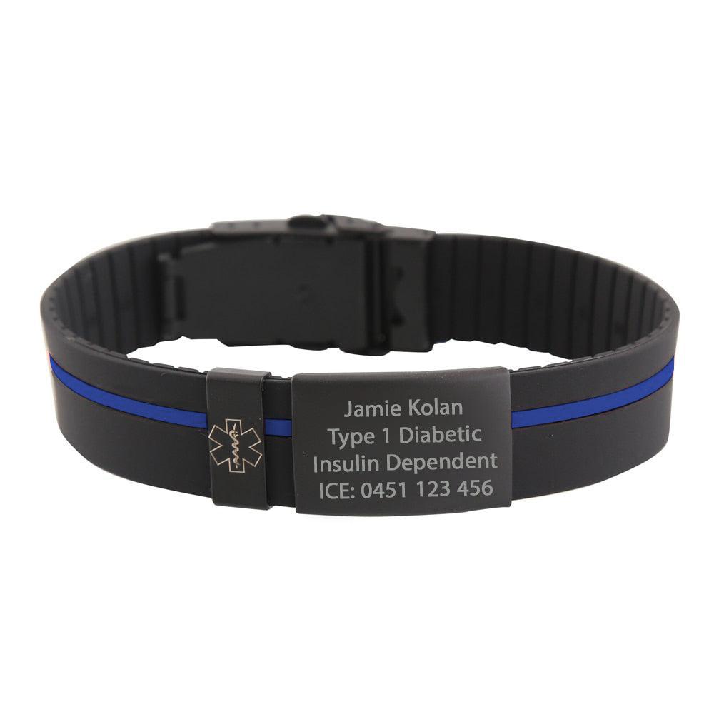 Pami Stripe Silicone Sports Medical ID Bracelet – Black & Blue-Medical ID Bracelet-Auswara