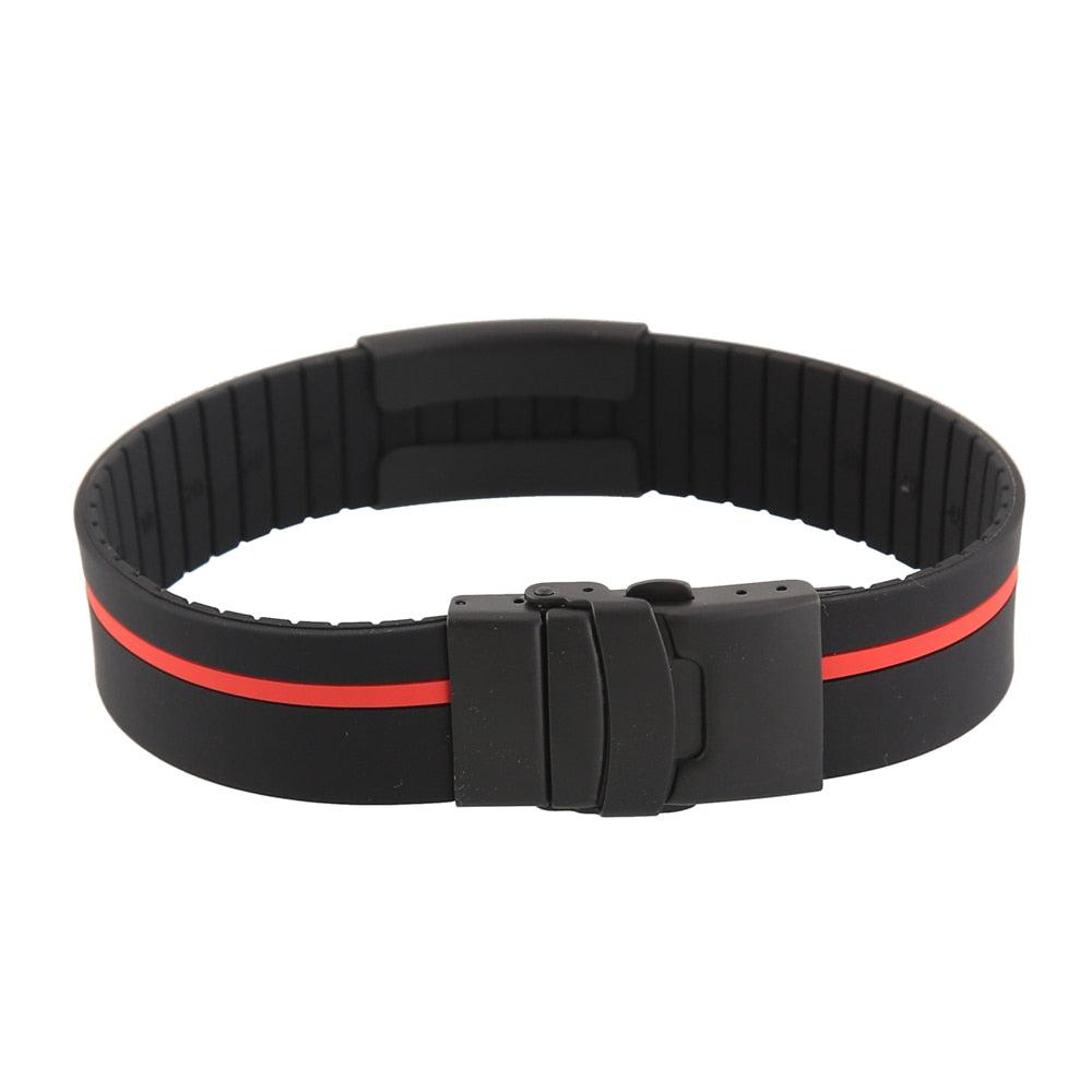 Pami Stripe Silicone Sports Medical ID Bracelet – Black & Red
