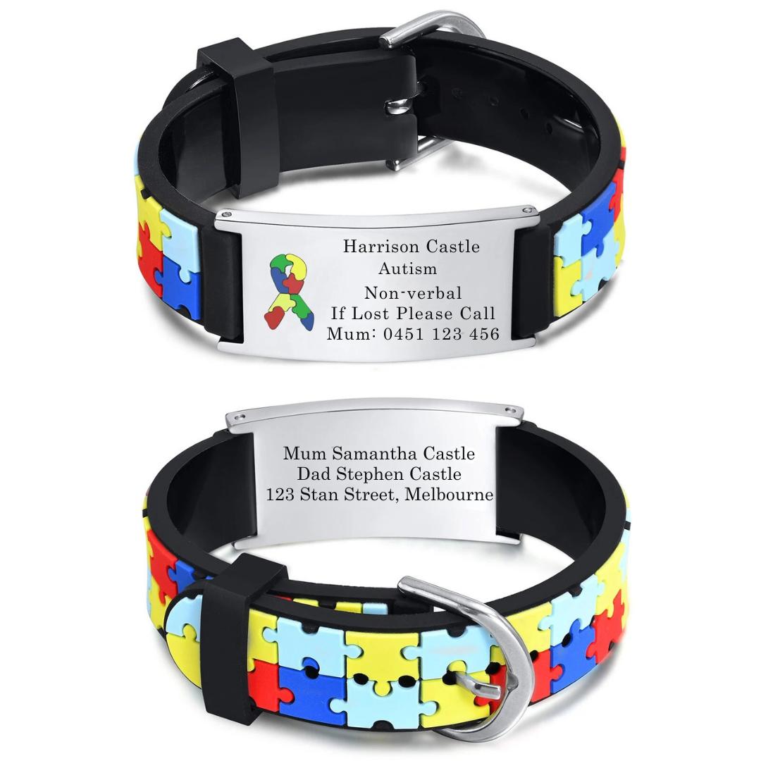Personalised Autism Puzzle Silicone Medical Kids Bracelet-Kids Medical Alert Bracelet-Auswara