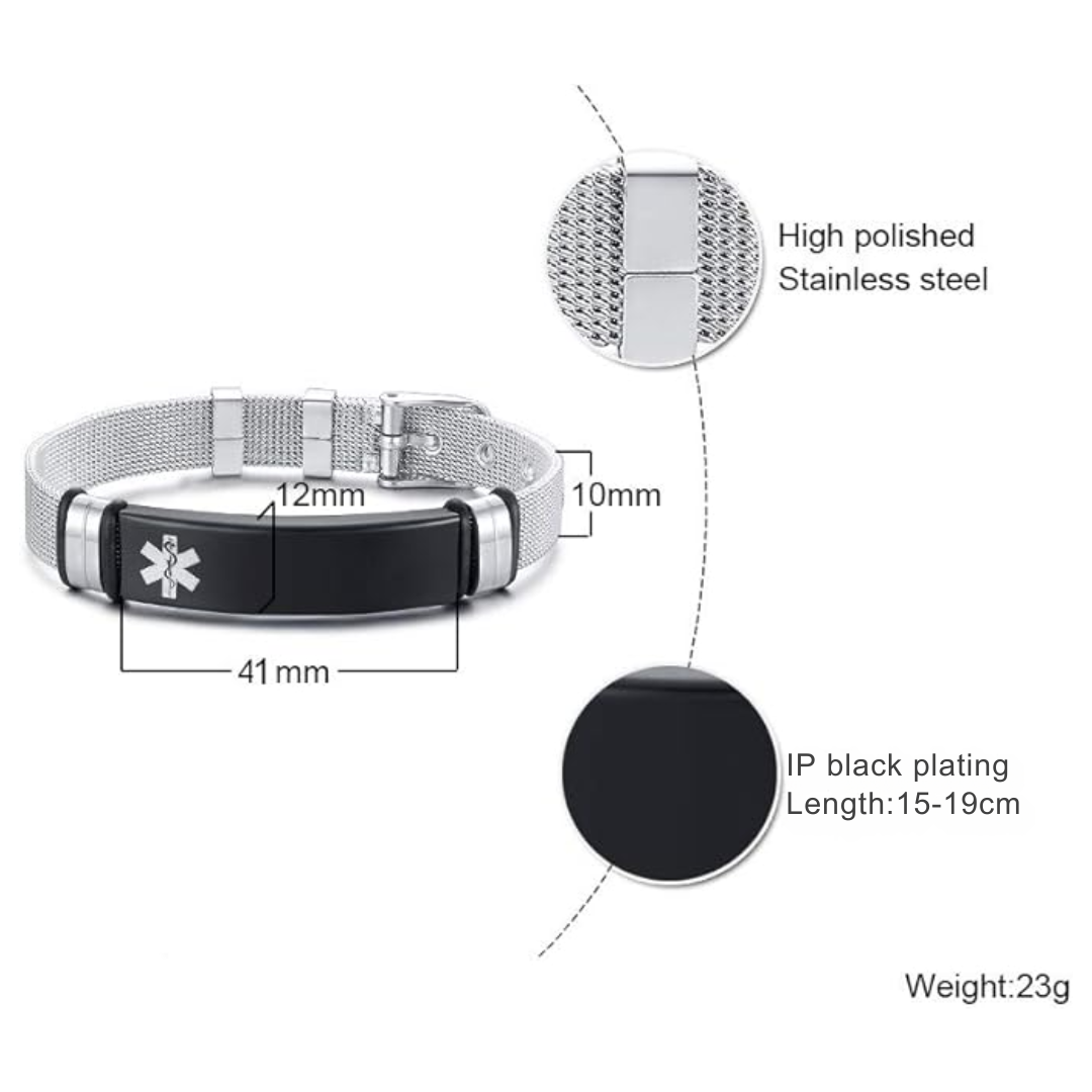 Personalised Black Bar Medical Alert ID Mesh Bracelet