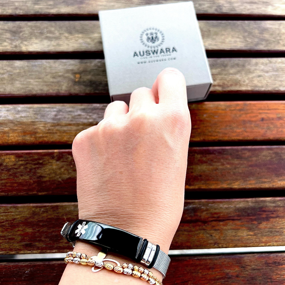 Personalised Black Bar Medical Alert ID Mesh Bracelet