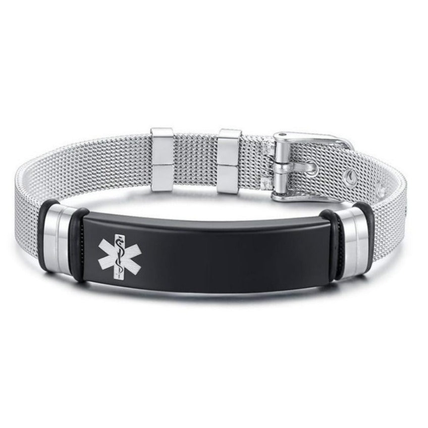 Personalised Black Bar Medical Alert ID Mesh Bracelet-Medical ID Bracelet-Auswara