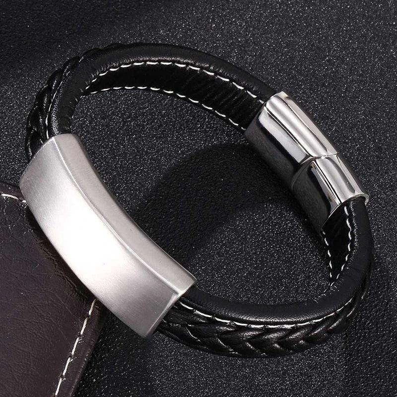 Personalised Black Braided Leather Bracelet for Men-Personalised Bracelet-Auswara