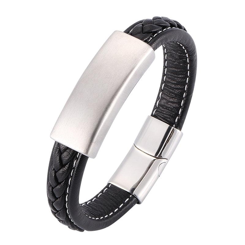 Personalised Black Braided Leather Bracelet for Men-Personalised Bracelet-Auswara