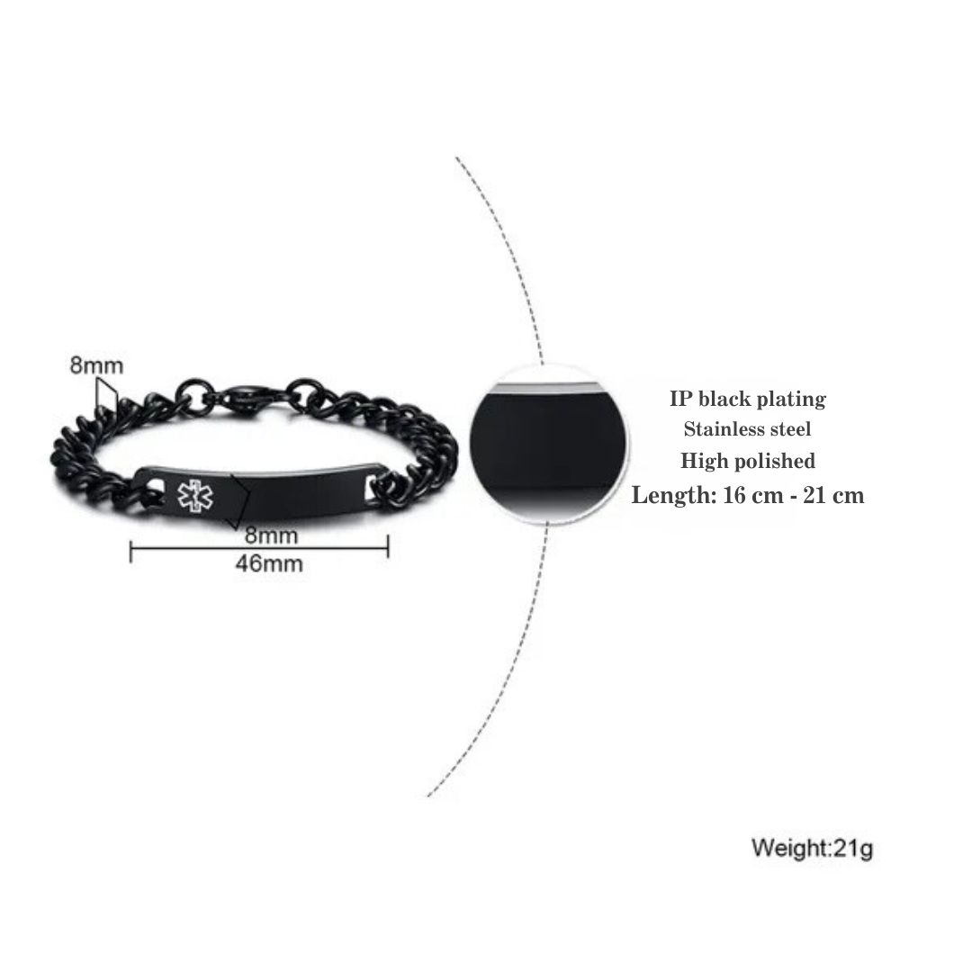 Personalised Black Colour Unisex Medical Alert ID Bracelet