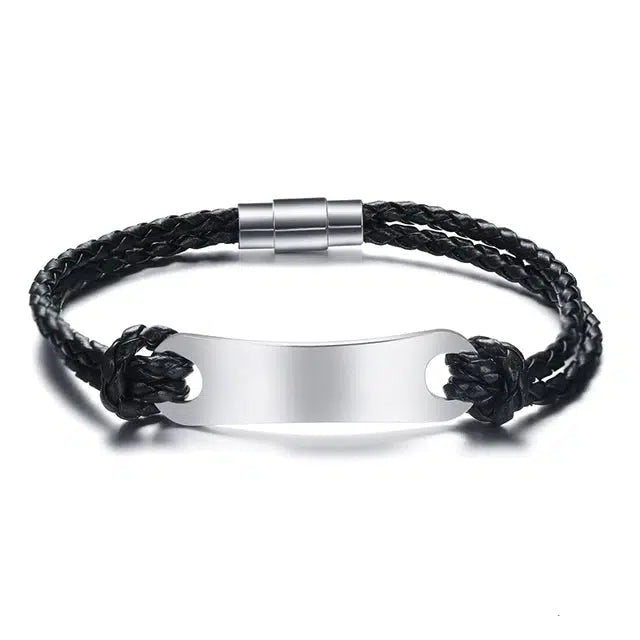 Personalised Black Leather Bracelet with Magnetic Clasp-Personalised Bracelet-Auswara