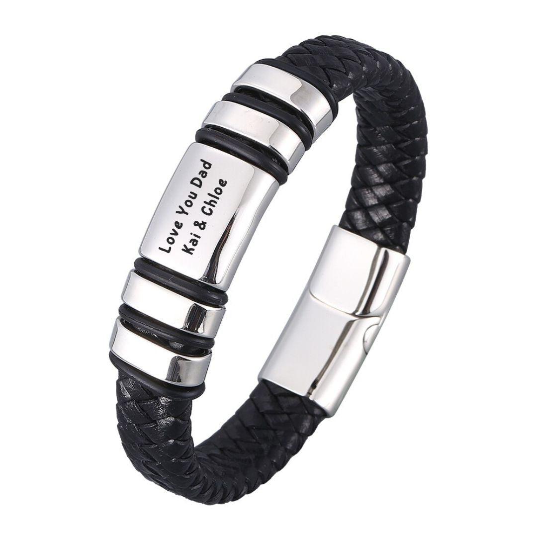 Personalised Black Leather Bracelet with Silver Clasp-Personalised Bracelet-Auswara