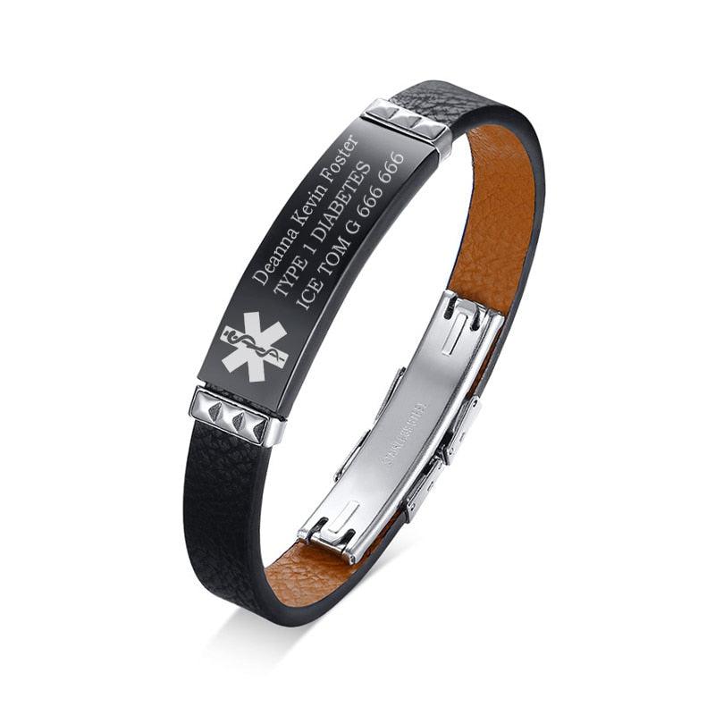 Personalised Black Leather Medical Alert ID Bracelet-Medical ID Bracelet-Auswara
