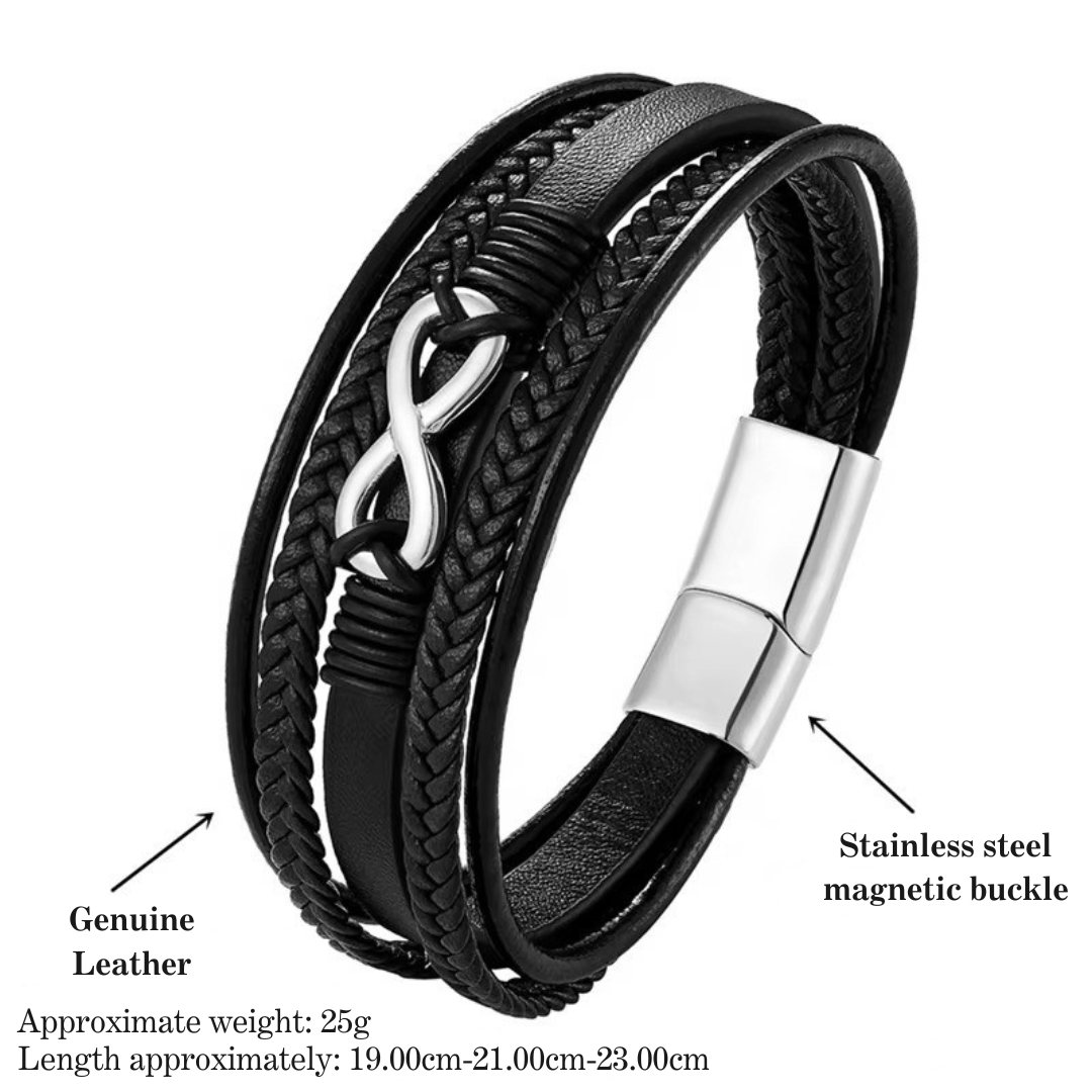 Personalised Black Leather Stainless Steel Infinity Bracelet