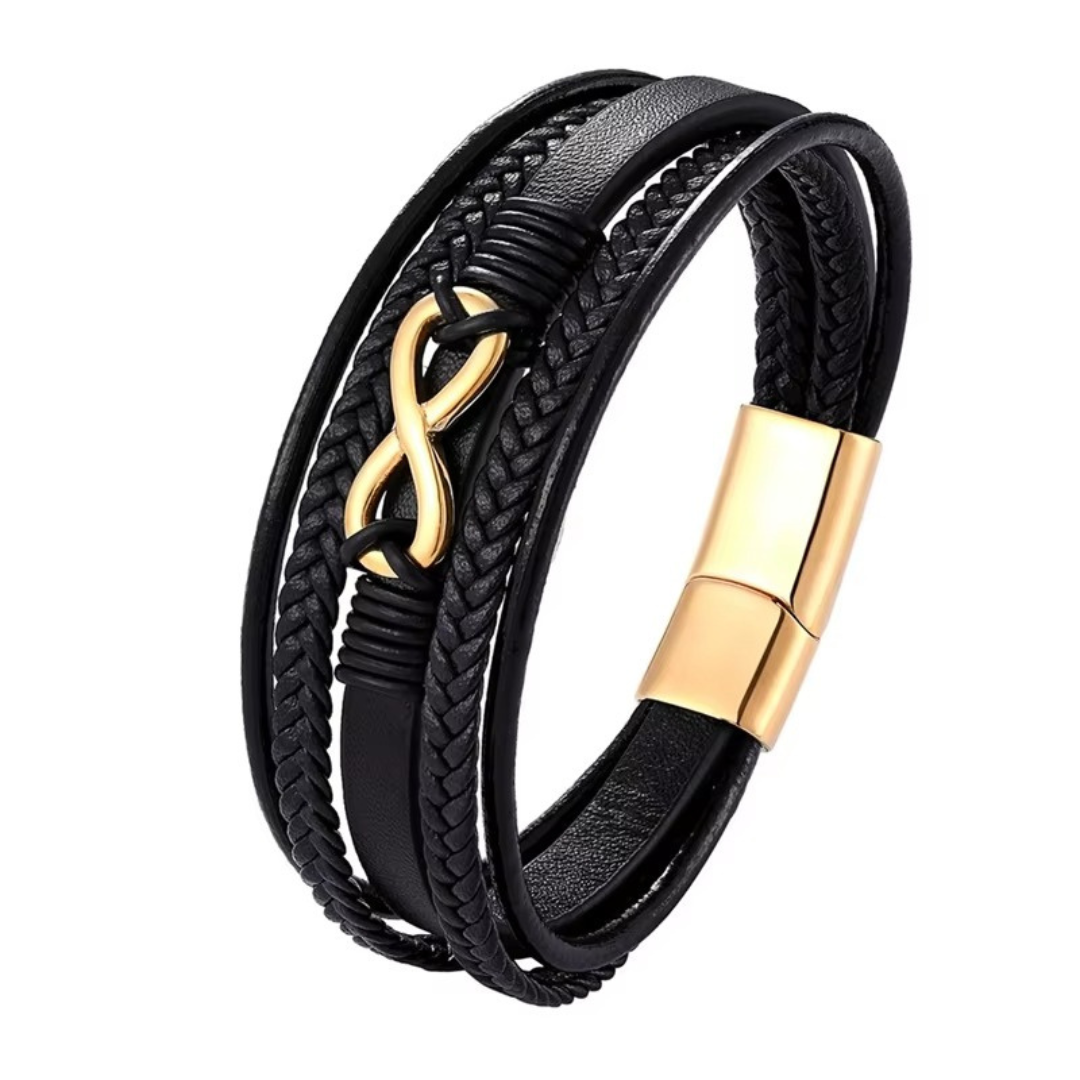 Personalised Black Leather Stainless Steel Infinity Bracelet