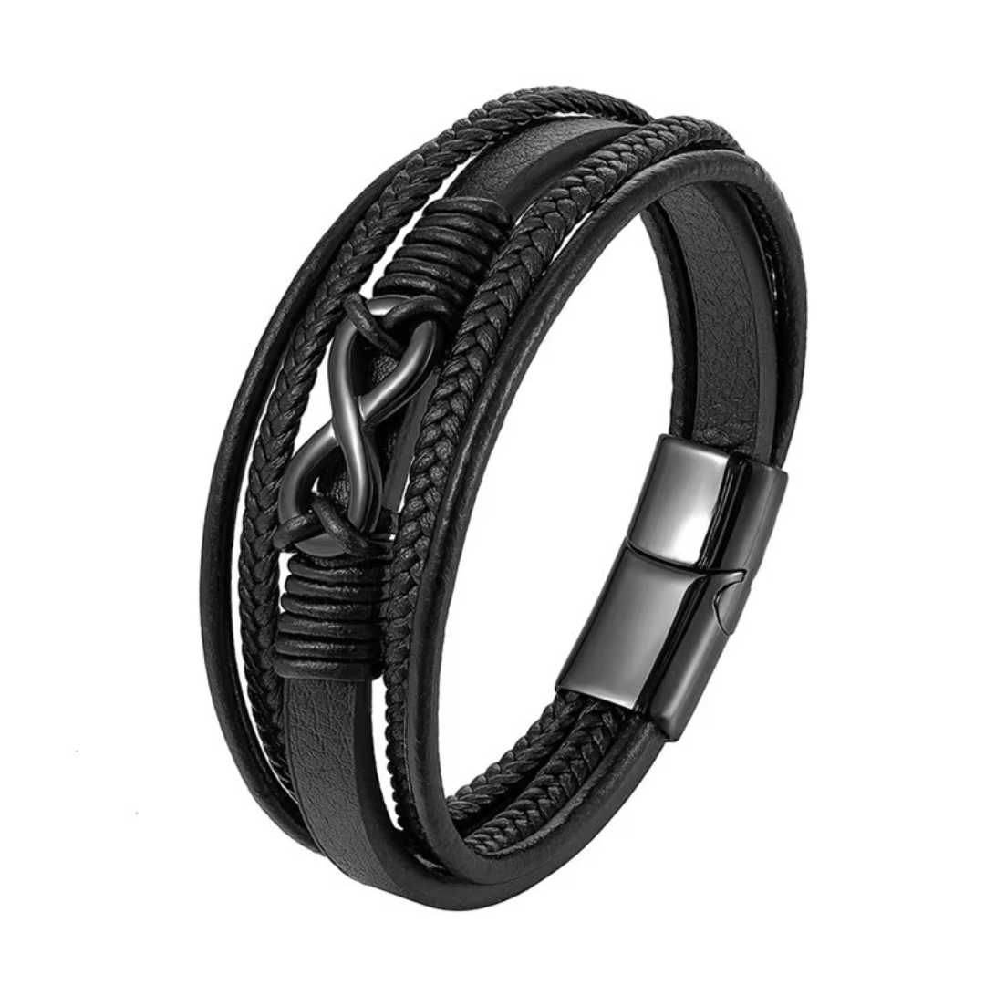 Personalised Black Leather Stainless Steel Infinity Bracelet