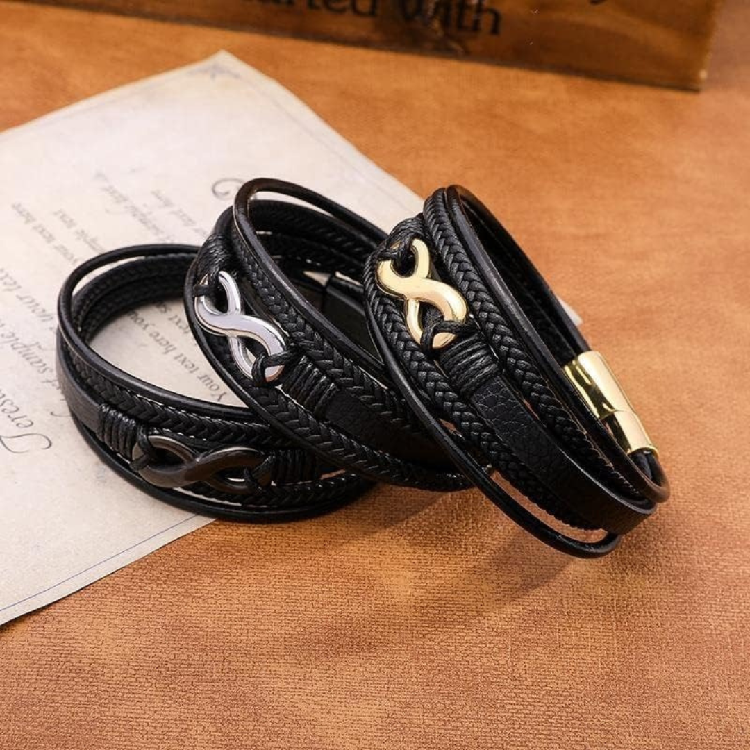 Personalised Black Leather Stainless Steel Infinity Bracelet