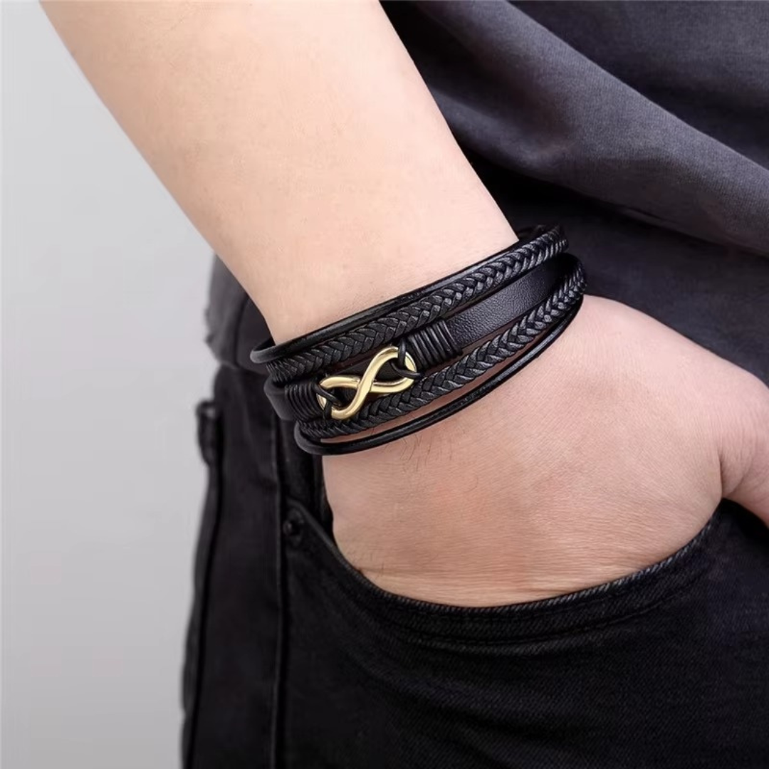 Personalised Black Leather Stainless Steel Infinity Bracelet