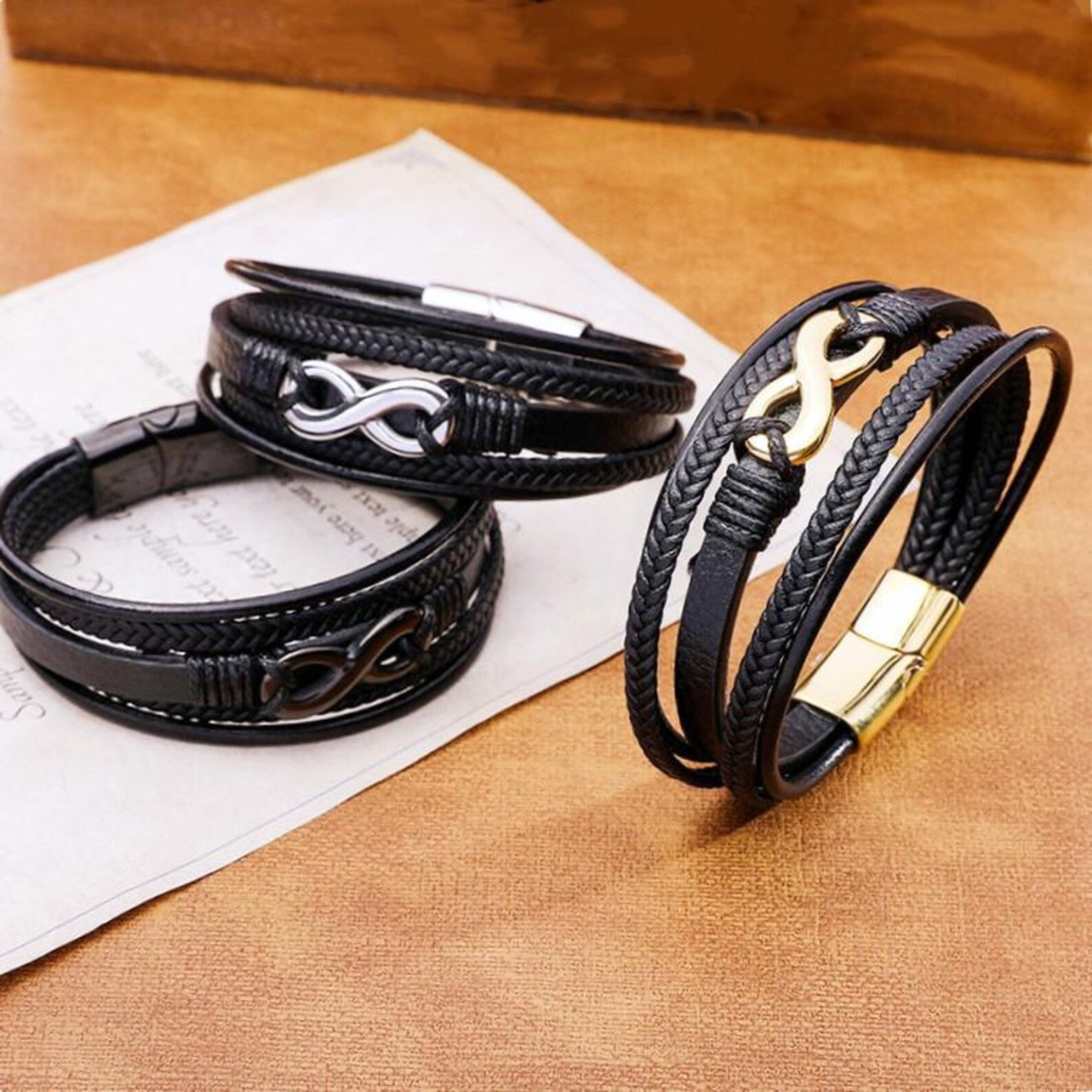 Personalised Black Leather Stainless Steel Infinity Bracelet