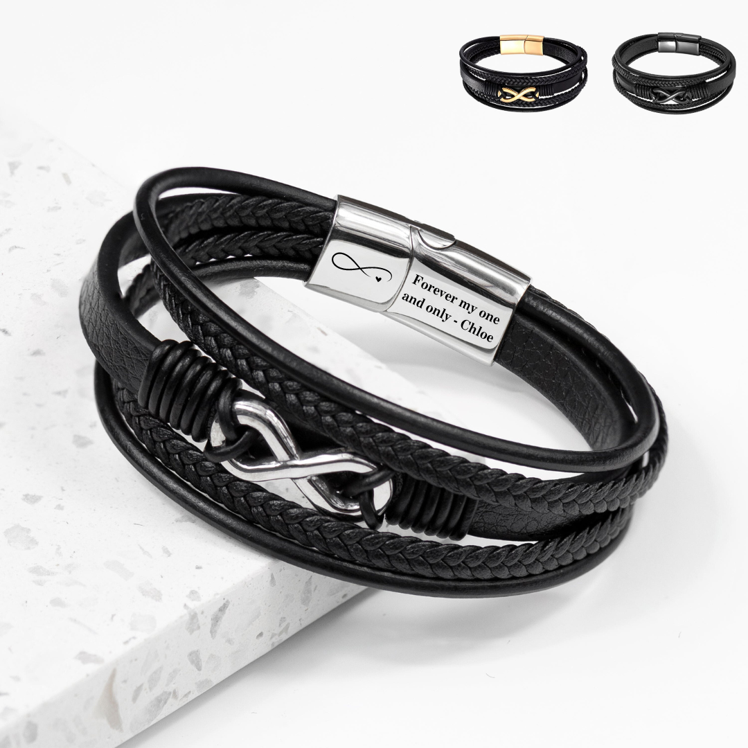 Personalised Black Leather Stainless Steel Infinity Bracelet