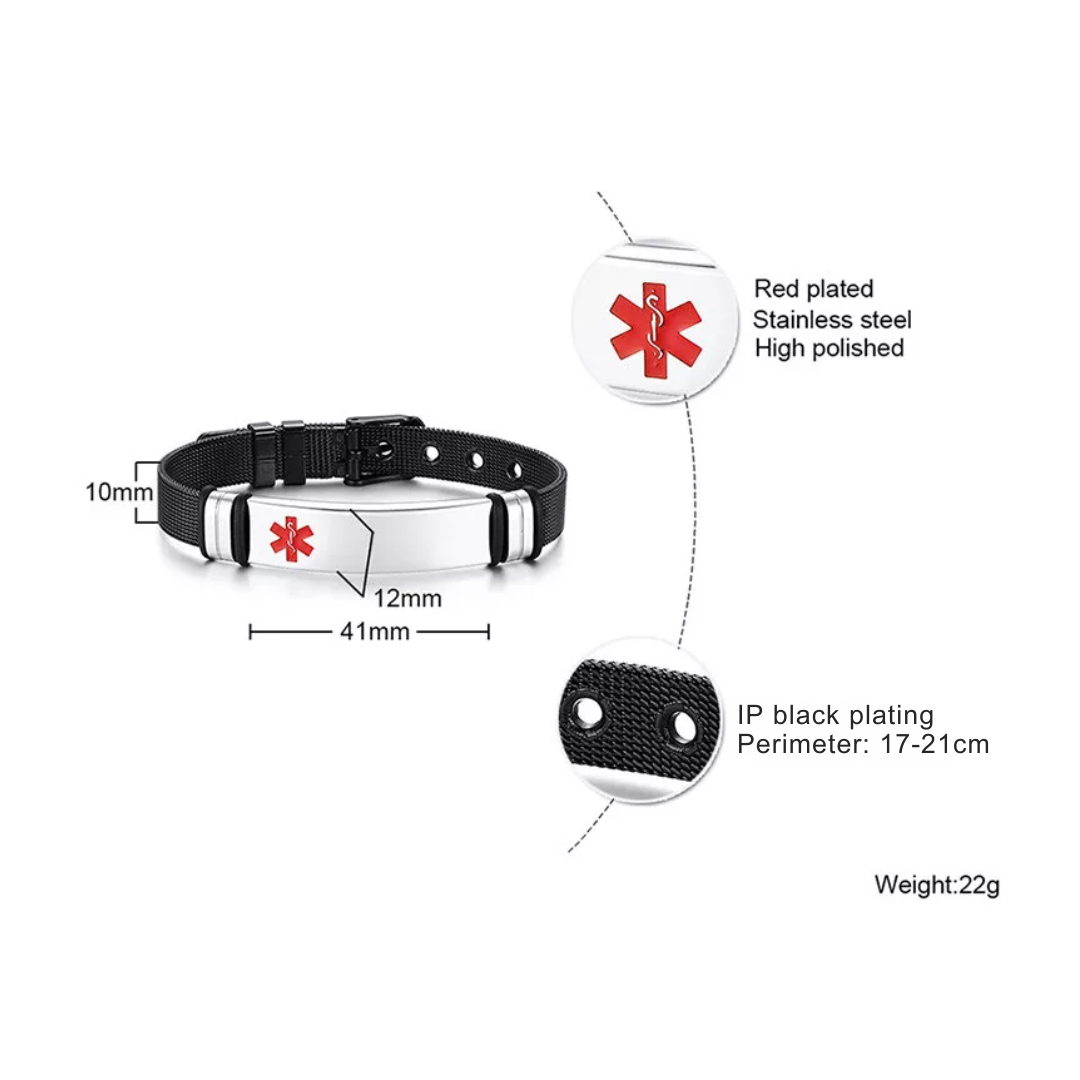 Personalised Black Medical Alert ID Mesh Bracelet